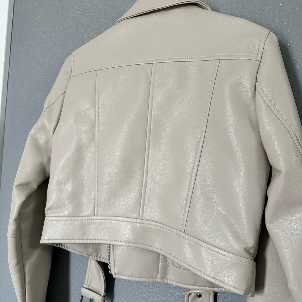 Elodie Beige Leather Biker Jacket - Picture 4 of 7